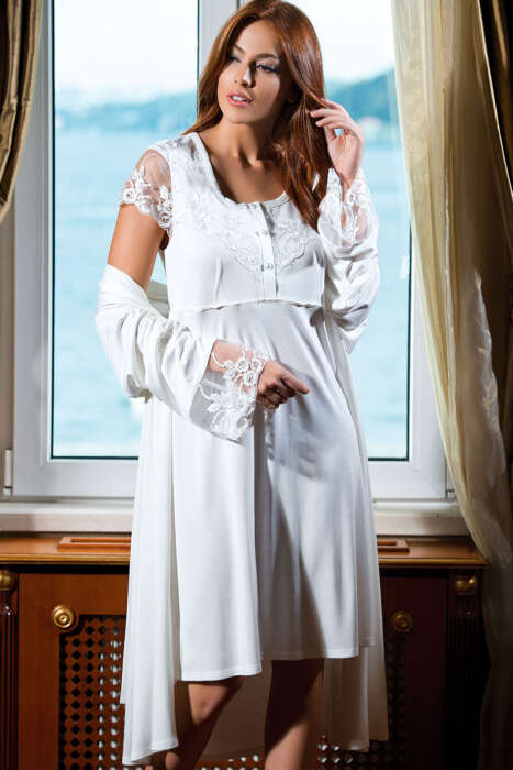 Ayyıldız 3927 Ekru Lohusa Gecelik Sabahlık Takım - AYYILDIZ