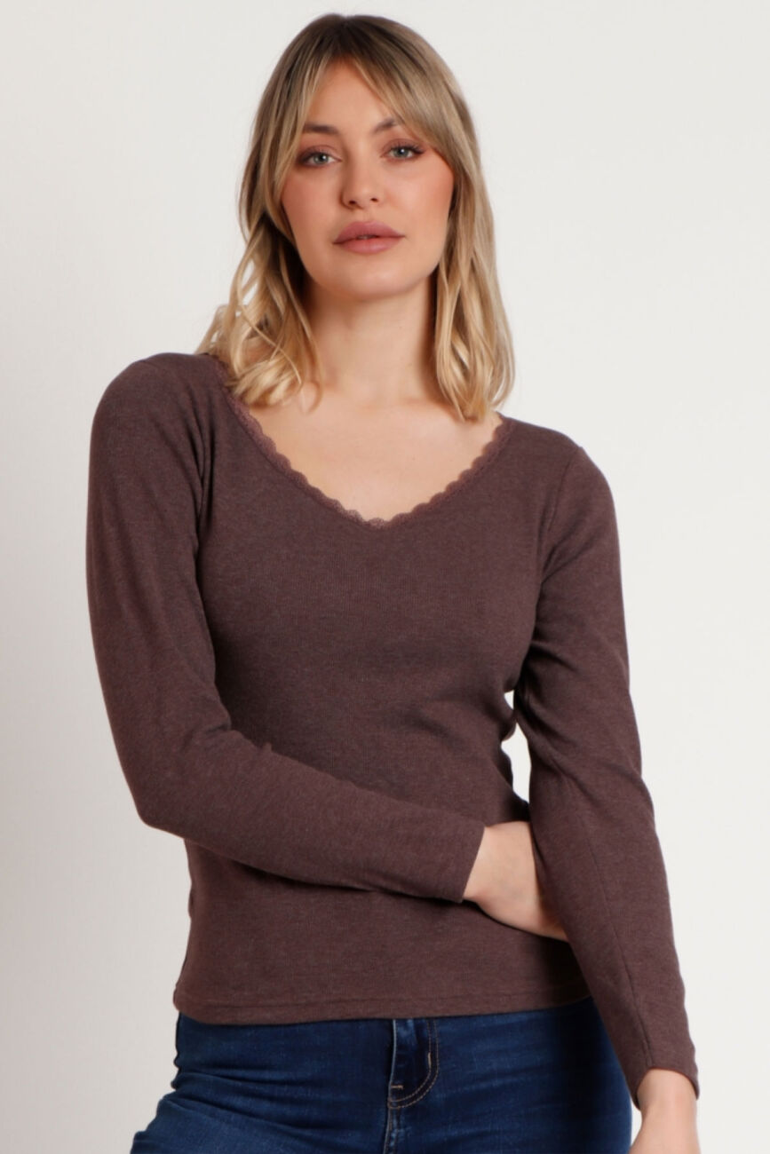 43562 Ribana Kahverengi Uzun Kollu T-shirt