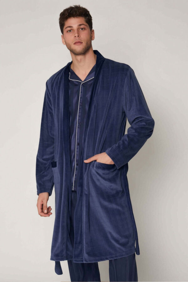 57431 Erkek Lacivert Kadife Uzun Sabahlık - 1