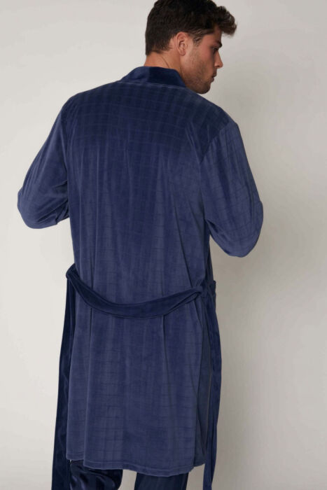 57431 Erkek Lacivert Kadife Uzun Sabahlık - 4