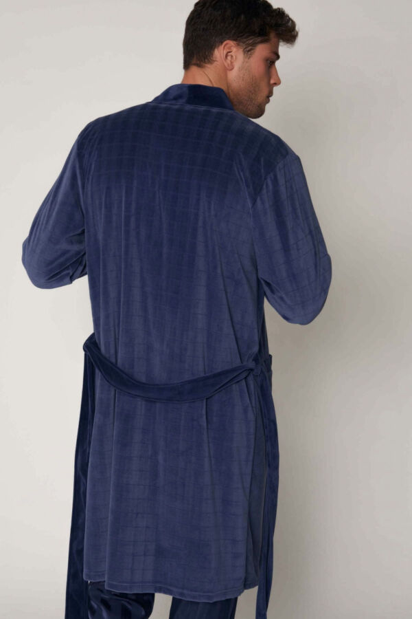 57431 Erkek Lacivert Kadife Uzun Sabahlık - 4