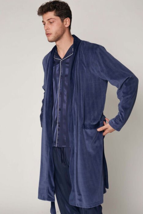 57431 Erkek Lacivert Kadife Uzun Sabahlık - 3