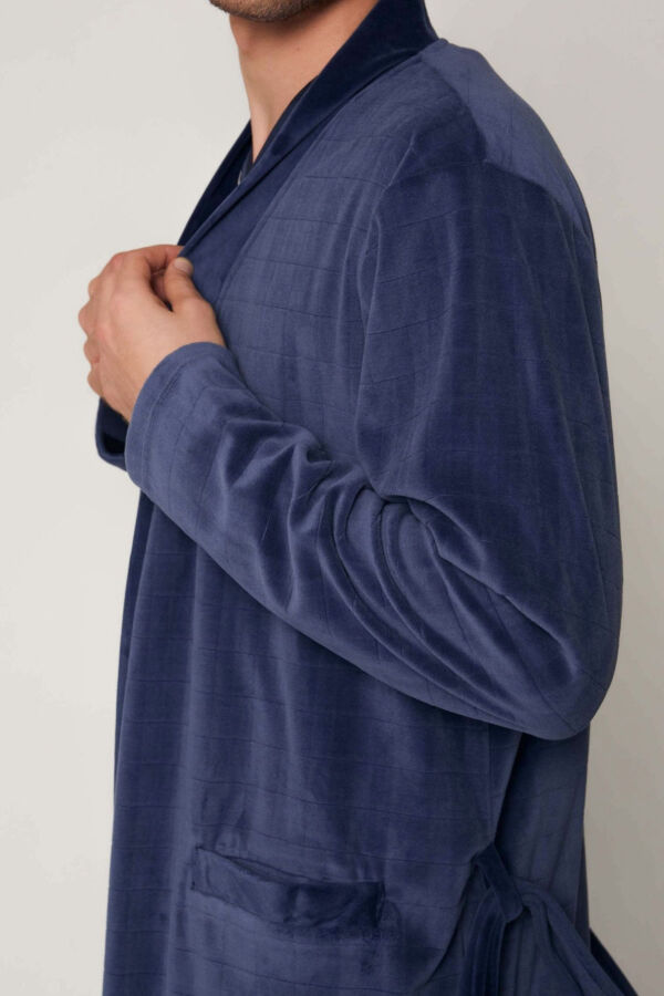57431 Erkek Lacivert Kadife Uzun Sabahlık - 2