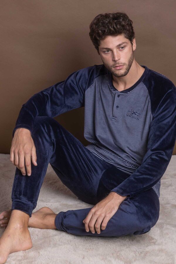 62767 Erkek Lacivert Kadife Pijama Takımı - 1