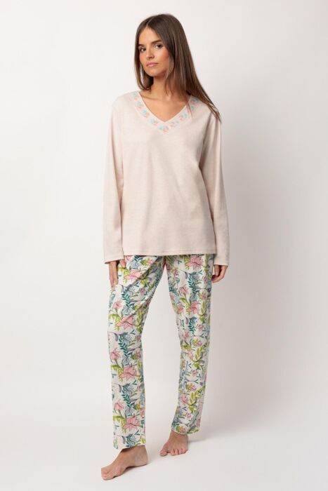 63346 Pembe Çiçek Desenli Pijama Takımı - 1