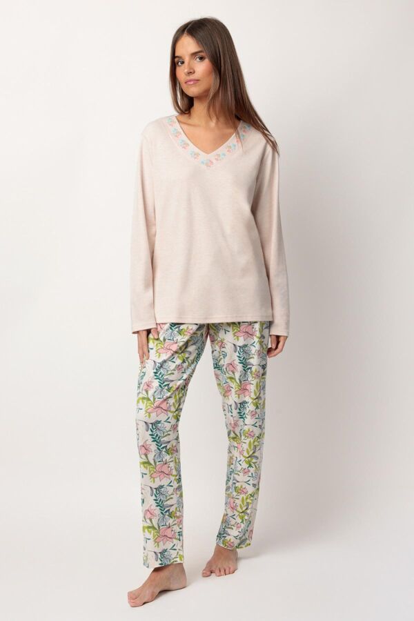 63346 Pembe Çiçek Desenli Pijama Takımı - 1