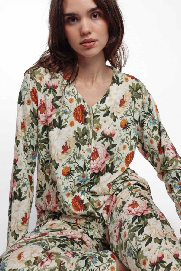 63598 Yeşil Çiçek Desenli Pijama Takımı - 3