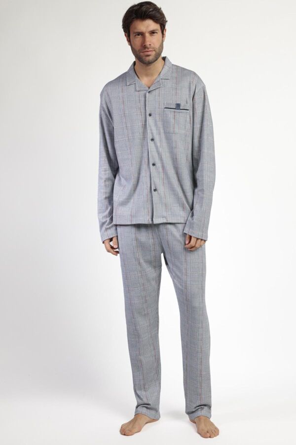63796 Erkek Gri Ekose Pijama Takımı - 1