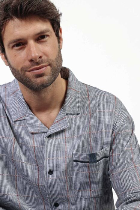 63796 Erkek Gri Ekose Pijama Takımı - 3