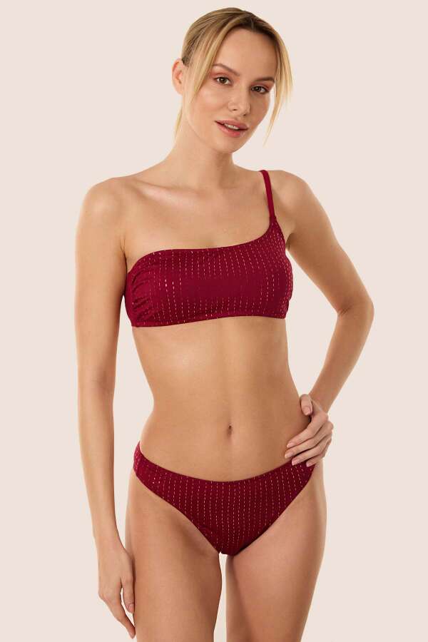 Ayyıldız 3568 Bordo Simli Tek Omuz Bikini Takımı - 1