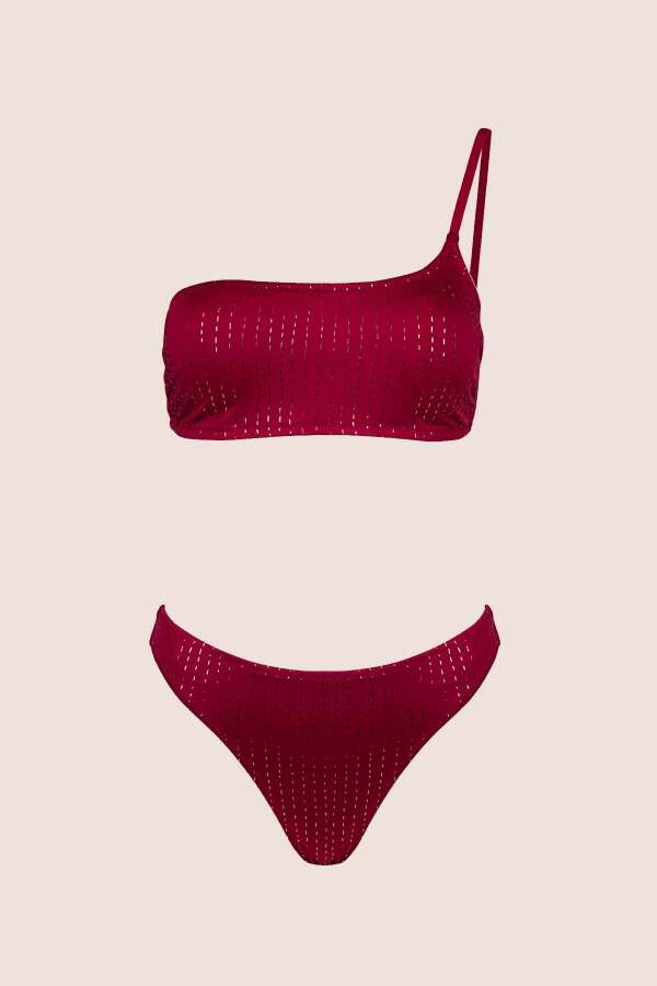 Ayyıldız 3568 Bordo Simli Tek Omuz Bikini Takımı - 4