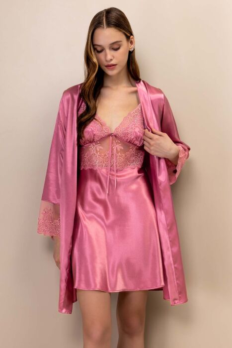 Ayyıldız 3802 Gül Kurusu Saten Gecelik Sabahlık Takım - 1