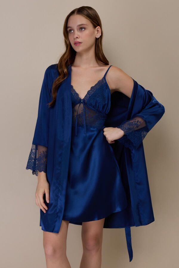 Ayyıldız 3802 Lacivert Saten Gecelik Sabahlık Takım - 1