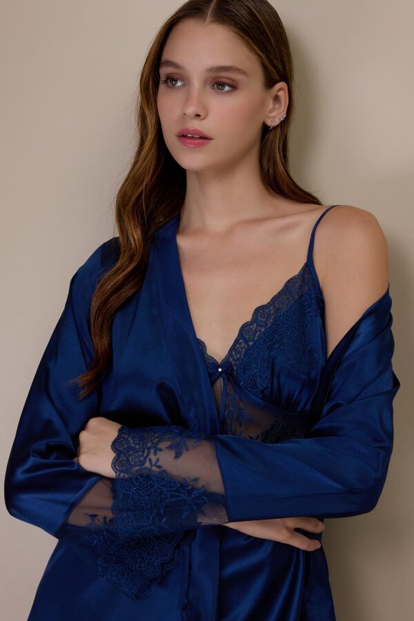 Ayyıldız 3802 Lacivert Saten Gecelik Sabahlık Takım - 2