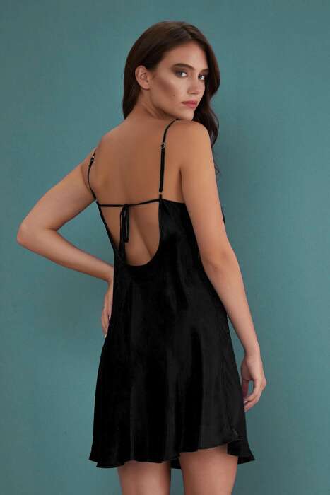 Ayyıldız 3802 Siyah Saten Gecelik Sabahlık Takım - 3