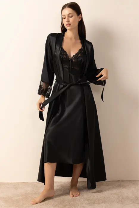 Ayyıldız 3803 Siyah Gecelik Sabahlık Takım - 1