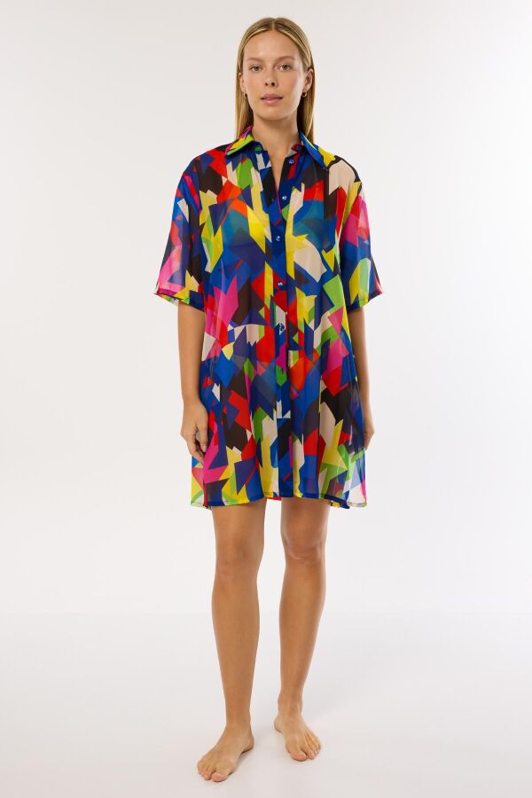 Ayyıldız 3857 Saks Desenli Plaj Elbisesi - 1