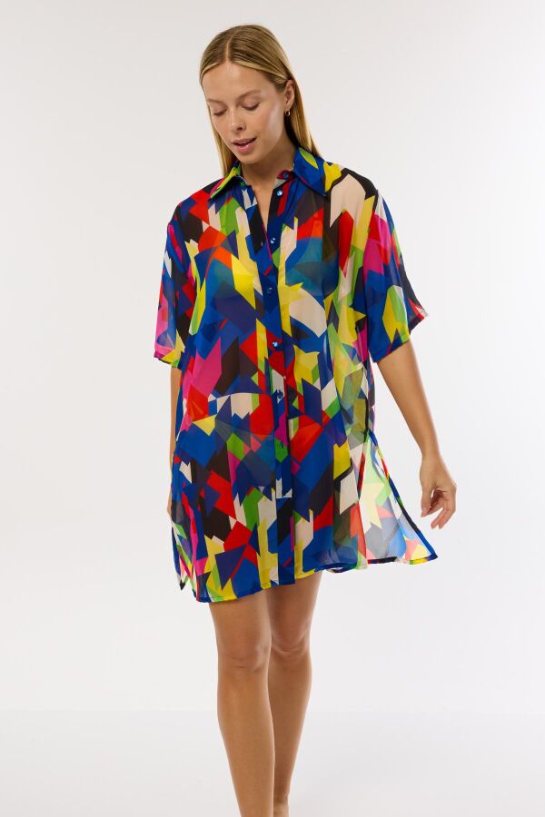 Ayyıldız 3857 Saks Desenli Plaj Elbisesi - 2