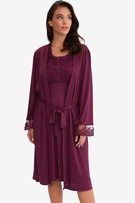 Ayyıldız 3910 Mürdüm Lohusa Gecelik Sabahlık Takım - AYYILDIZ