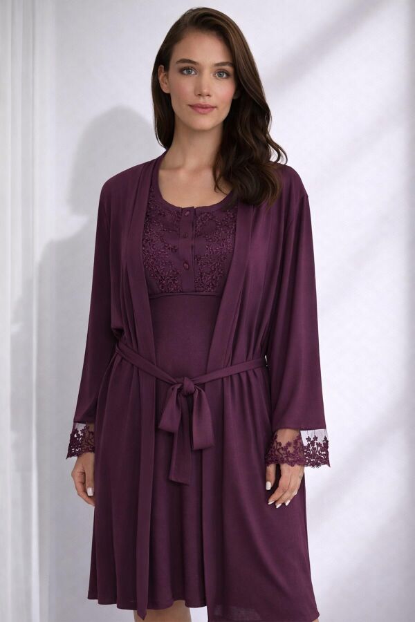 Ayyıldız 3910 Mürdüm Lohusa Gecelik Sabahlık Takım - 1