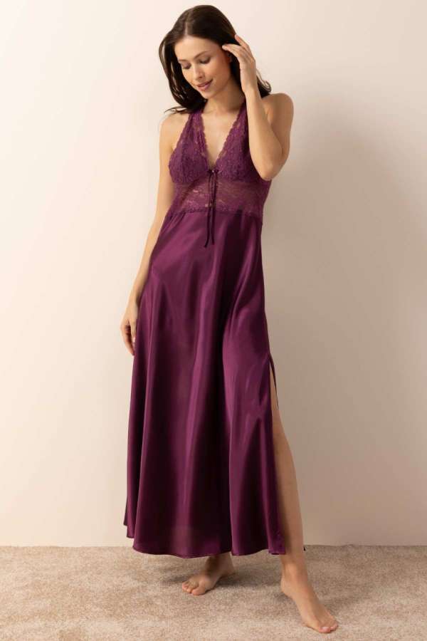 Ayyıldız 3911 Mürdüm Saten Gecelik - 1