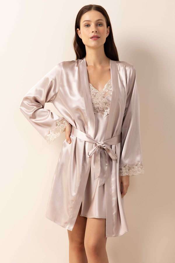 Ayyıldız 3978 Pudra Saten Gecelik Sabahlık Takım - 1