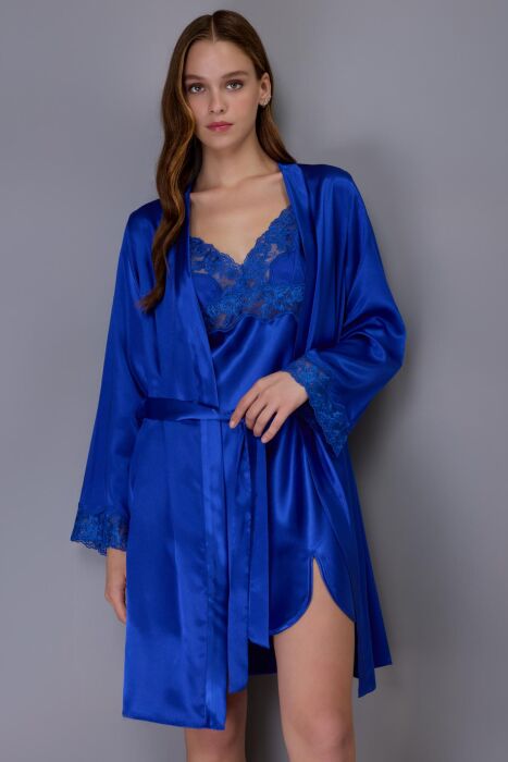 Ayyıldız 3978 Saks Saten Gecelik Sabahlık Takım - AYYILDIZ