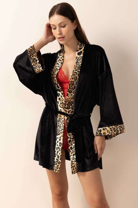 Ayyıldız 3980 Siyah Kadife Sabahlık - AYYILDIZ