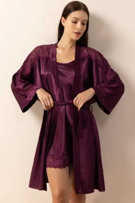 Ayyıldız 3981 Mürdüm Kimono Sabahlık Gecelik Takım - 1