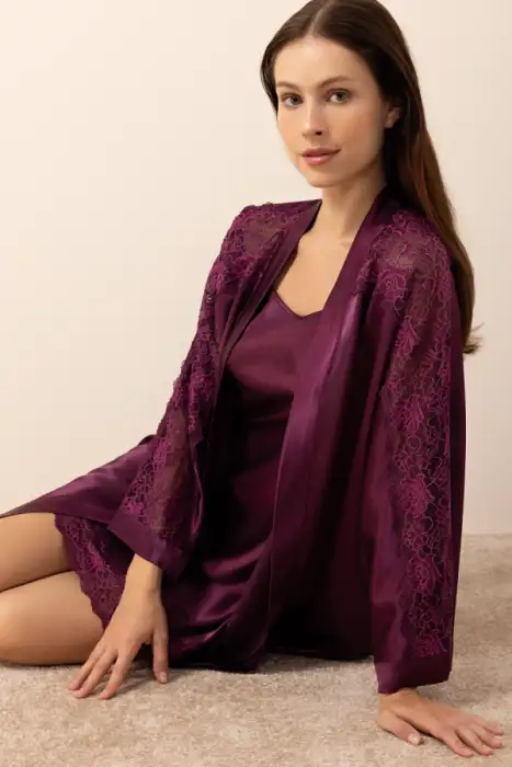 Ayyıldız 3981 Mürdüm Kimono Sabahlık Gecelik Takım - 2