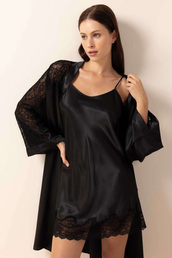 Ayyıldız 3981 Siyah Kimono Sabahlık Gecelik Takım - 1