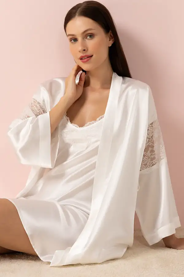 Ayyıldız 3982 Ekru Saten Sabahlık Gecelik Takım - 1