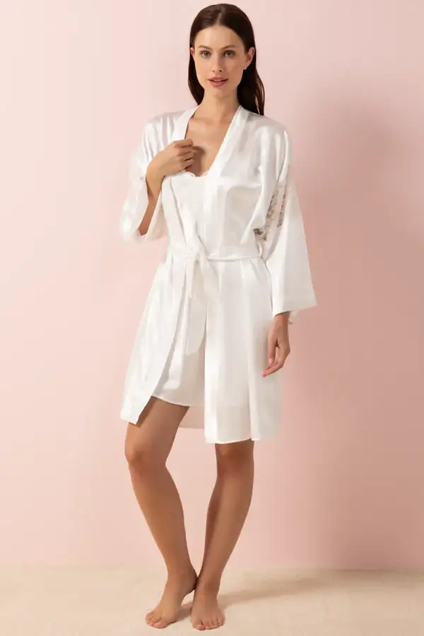 Ayyıldız 3982 Ekru Saten Sabahlık Gecelik Takım - 2