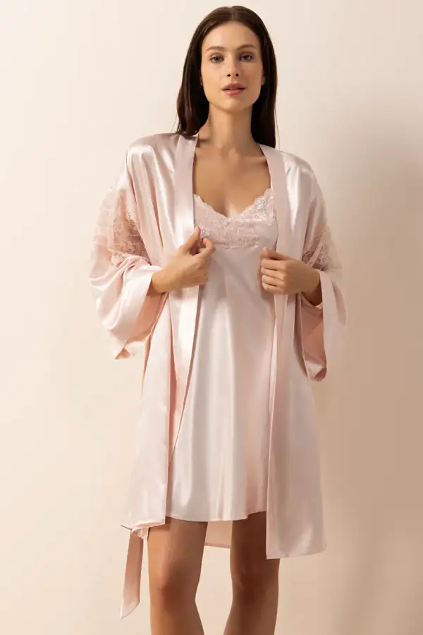Ayyıldız 3982 Pudra Saten Sabahlık Gecelik Takım - 2