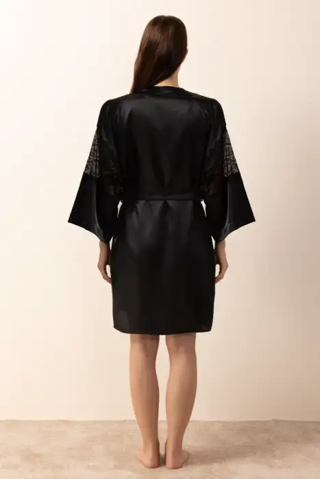 Ayyıldız 3982 Siyah Saten Sabahlık Gecelik Takım - 6