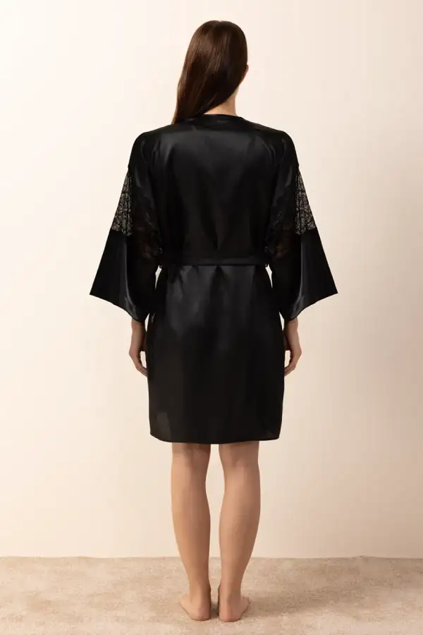 Ayyıldız 3982 Siyah Saten Sabahlık Gecelik Takım - 6