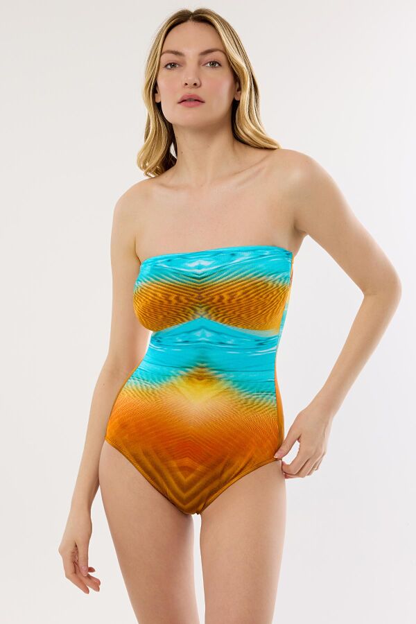 Ayyıldız 4308 Kahve Mavi Desenli Straplez Mayo - 2