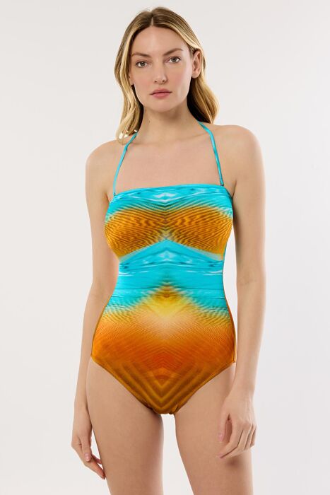 Ayyıldız 4308 Kahve Mavi Desenli Straplez Mayo - AYYILDIZ