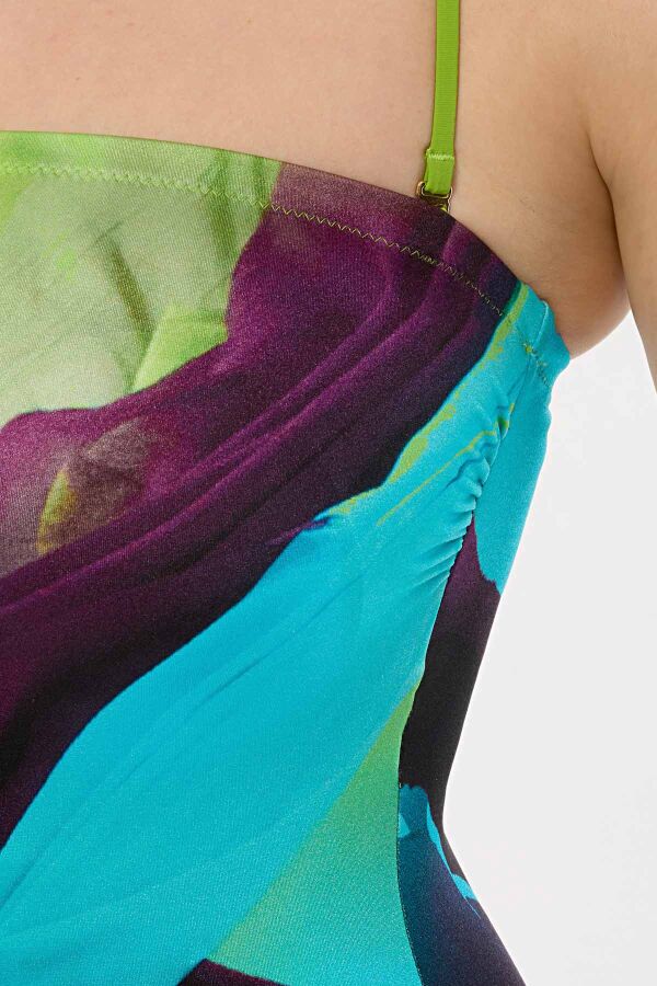 Ayyıldız 4308 Mavi Yeşil Desenli Straplez Mayo - 3