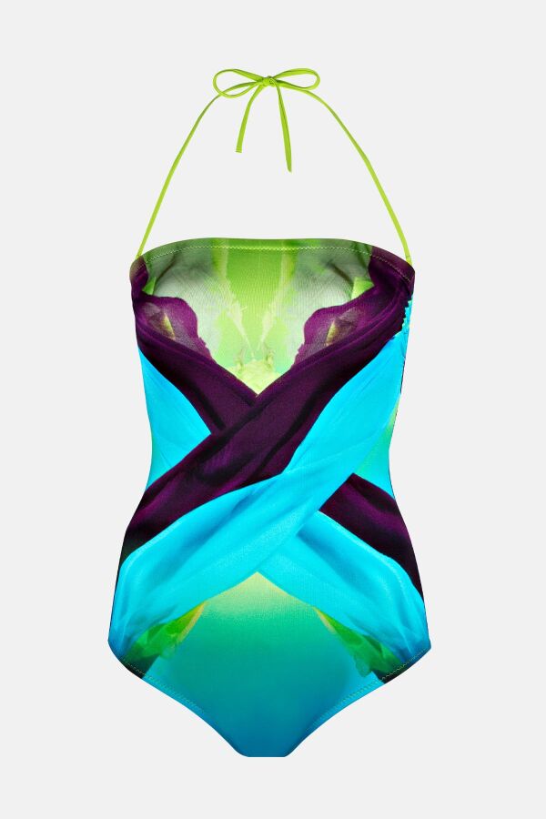 Ayyıldız 4308 Mavi Yeşil Desenli Straplez Mayo - 5