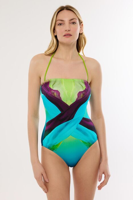 Ayyıldız 4308 Mavi Yeşil Desenli Straplez Mayo - AYYILDIZ