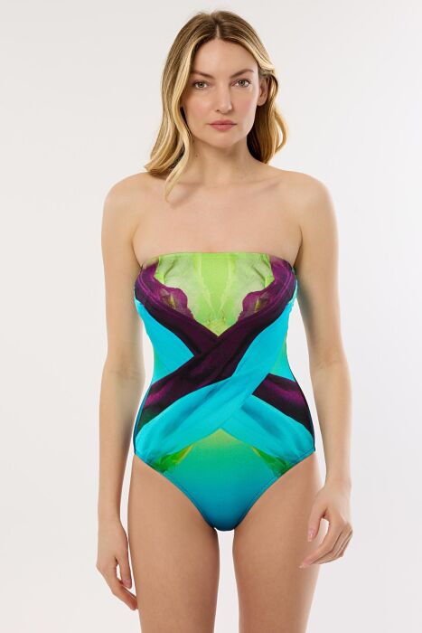 Ayyıldız 4308 Mavi Yeşil Desenli Straplez Mayo - AYYILDIZ (1)