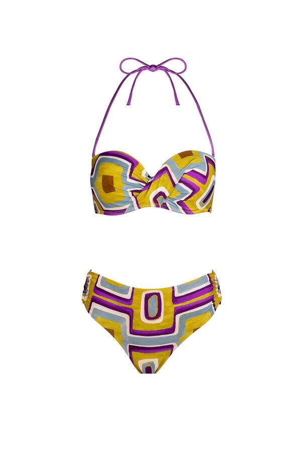 Ayyıldız 4600 Sarı Mor Desenli Straplez Bikini Takımı - 4