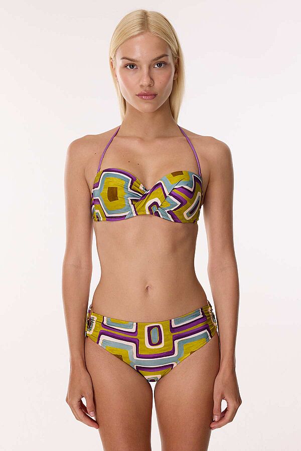 Ayyıldız 4600 Sarı Mor Desenli Straplez Bikini Takımı - 1
