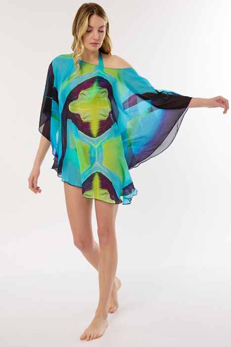 Ayyıldız 4802 Mavi Yeşil Desenli Plaj Elbisesi - AYYILDIZ