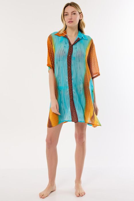 Ayyıldız 4805 Kahve Mavi Desenli Plaj Elbisesi - AYYILDIZ