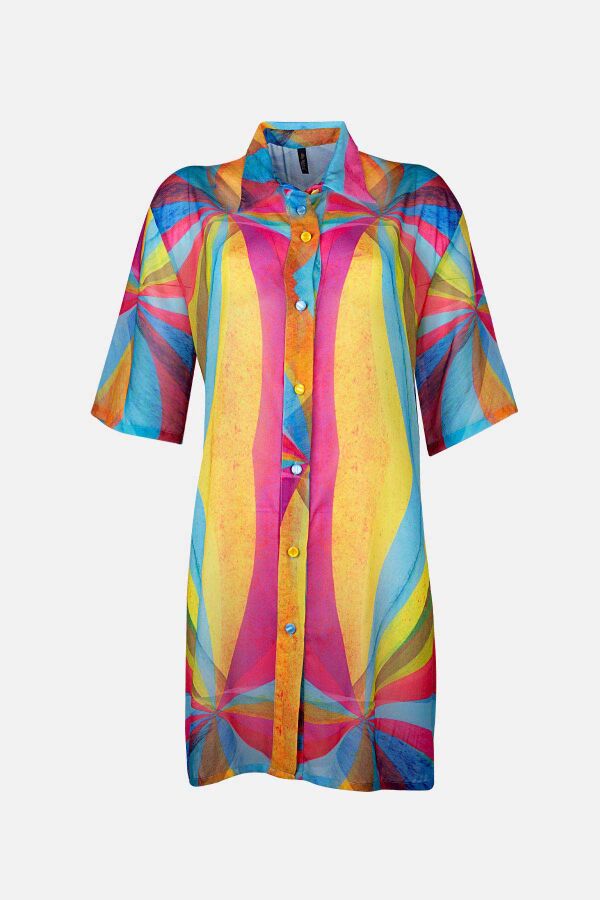 Ayyıldız 4805 Mavi Fuşya Desenli Gömlek Yaka Plaj Elbisesi - 4