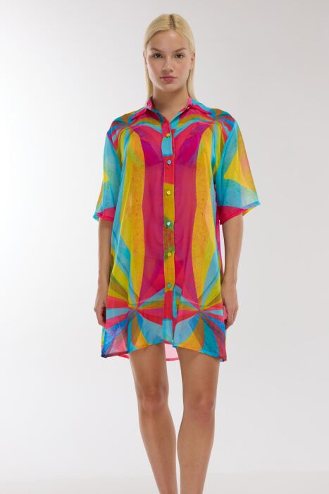 Ayyıldız 4805 Mavi Fuşya Desenli Gömlek Yaka Plaj Elbisesi - AYYILDIZ