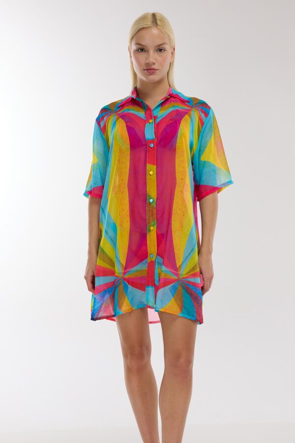 Ayyıldız 4805 Mavi Fuşya Desenli Gömlek Yaka Plaj Elbisesi - 1