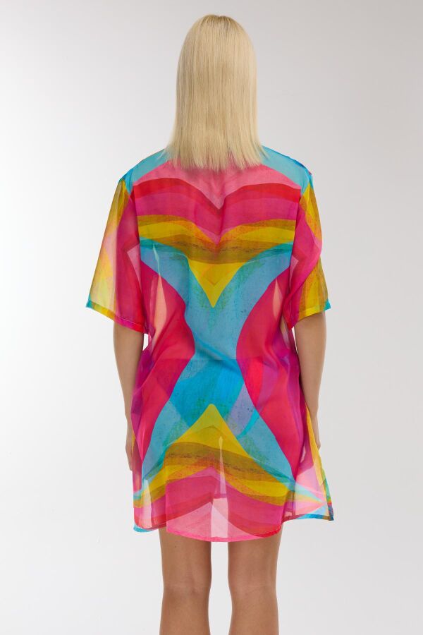 Ayyıldız 4805 Mavi Fuşya Desenli Gömlek Yaka Plaj Elbisesi - 3